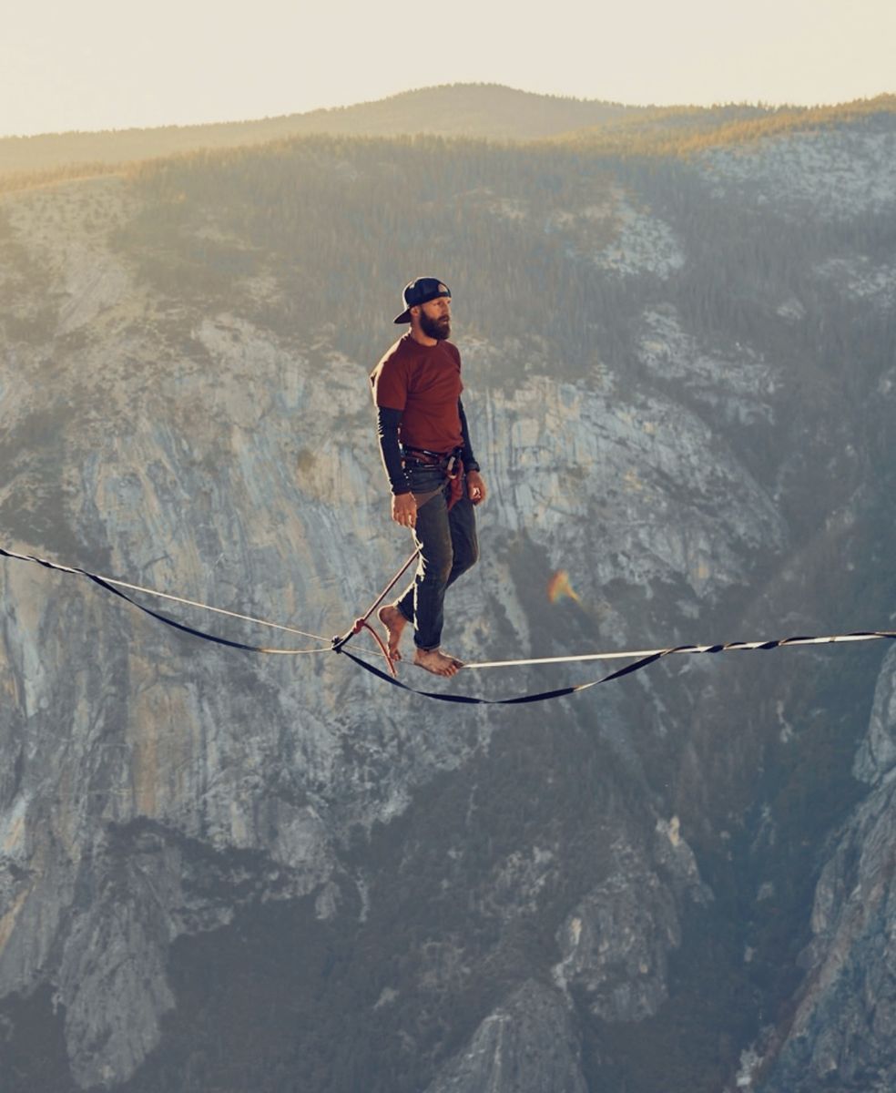 Highlining above a High Sierra valley at sunset